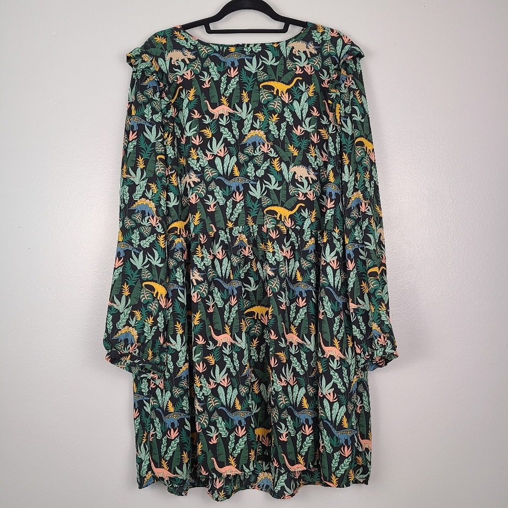 Modcloth Sugarhill Dinosaur & Plants Novelty Print Pullover Dress Pockets US 14